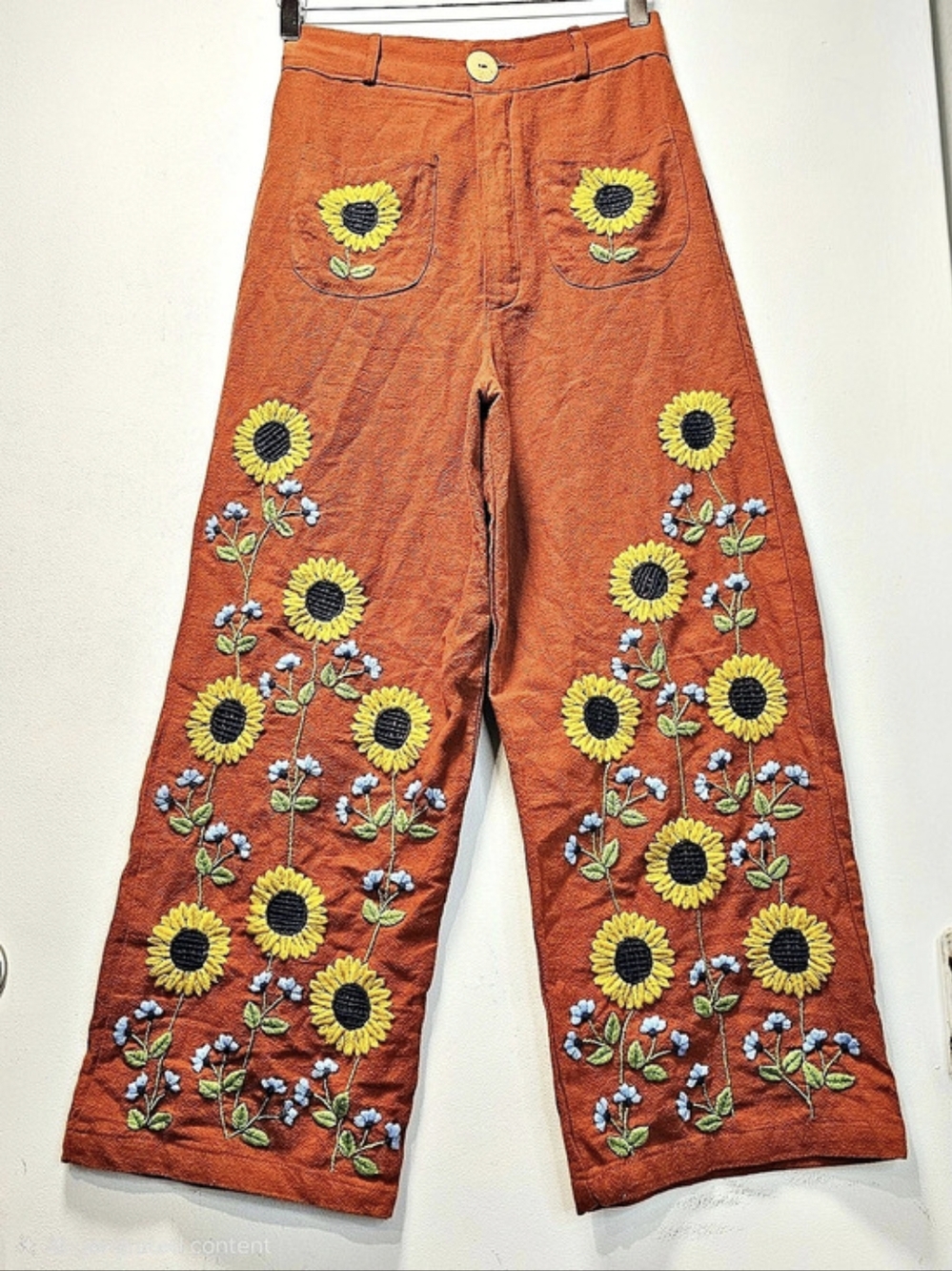 Embroidered Sunflower Straight Leg Pants Autom Floral Boho Cottagecore High Rise